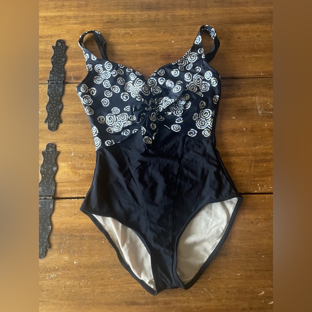 Vintage 80s The Slim Suit Black Gold Size 10 Malibu Barbie Swimsuit Bow Swim